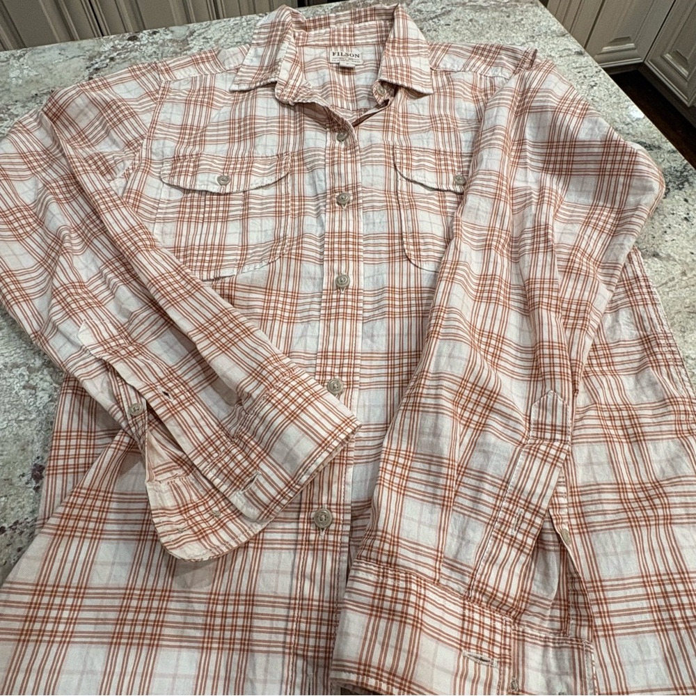 Filson Orange Rust Cream Plaid Checkered Shirt  Medium Womens